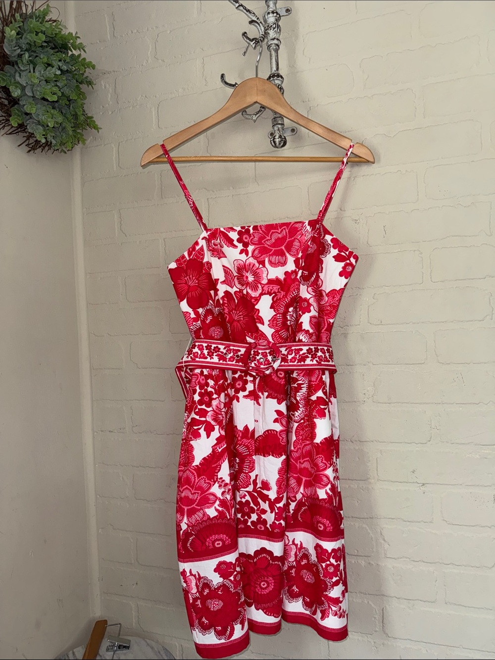 Joie dress Red pink White Floral Spaghetti Strap fit flare smocked back floral 8